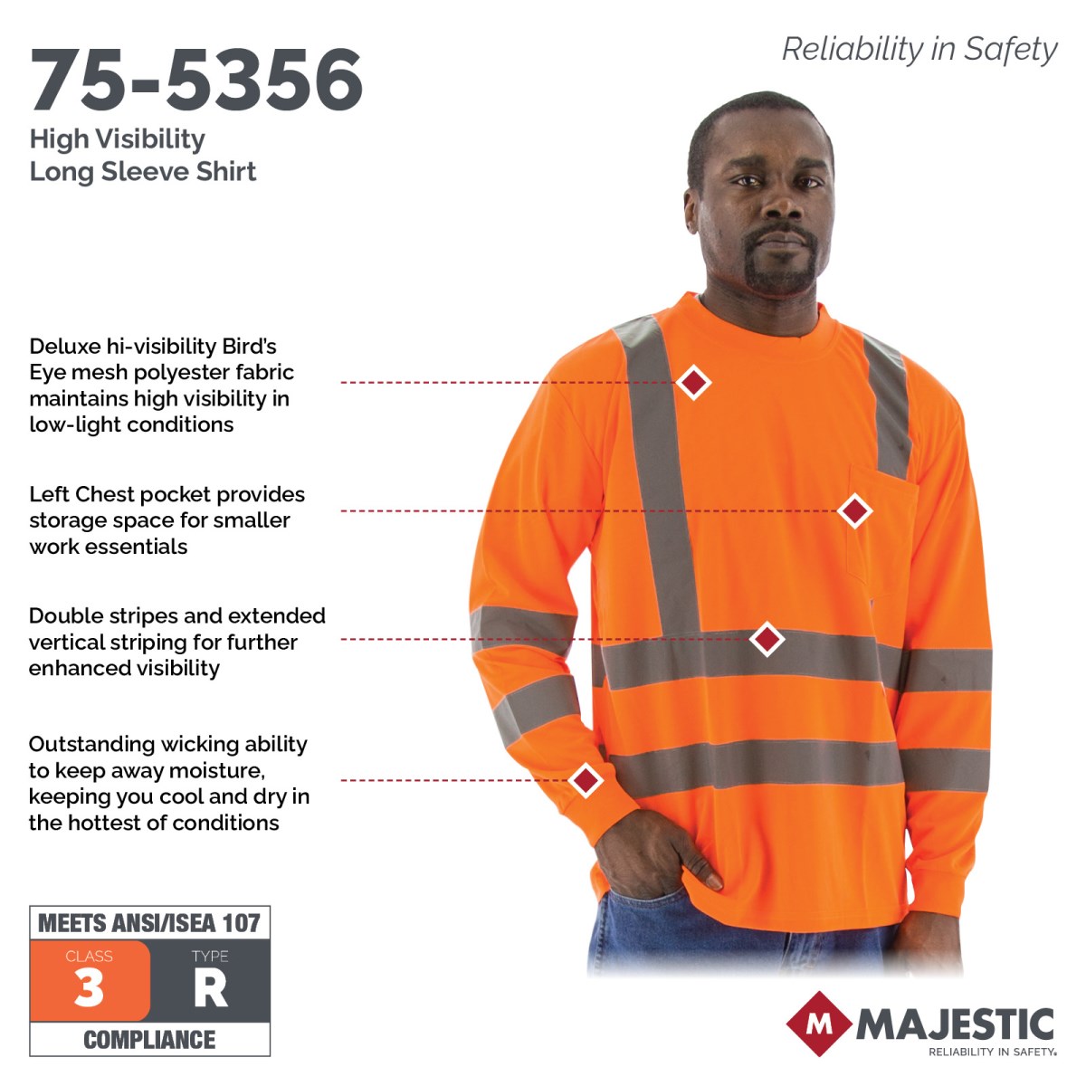High Visibility Long Sleeve Shirt, ANSI 3, R | Majestic Glove